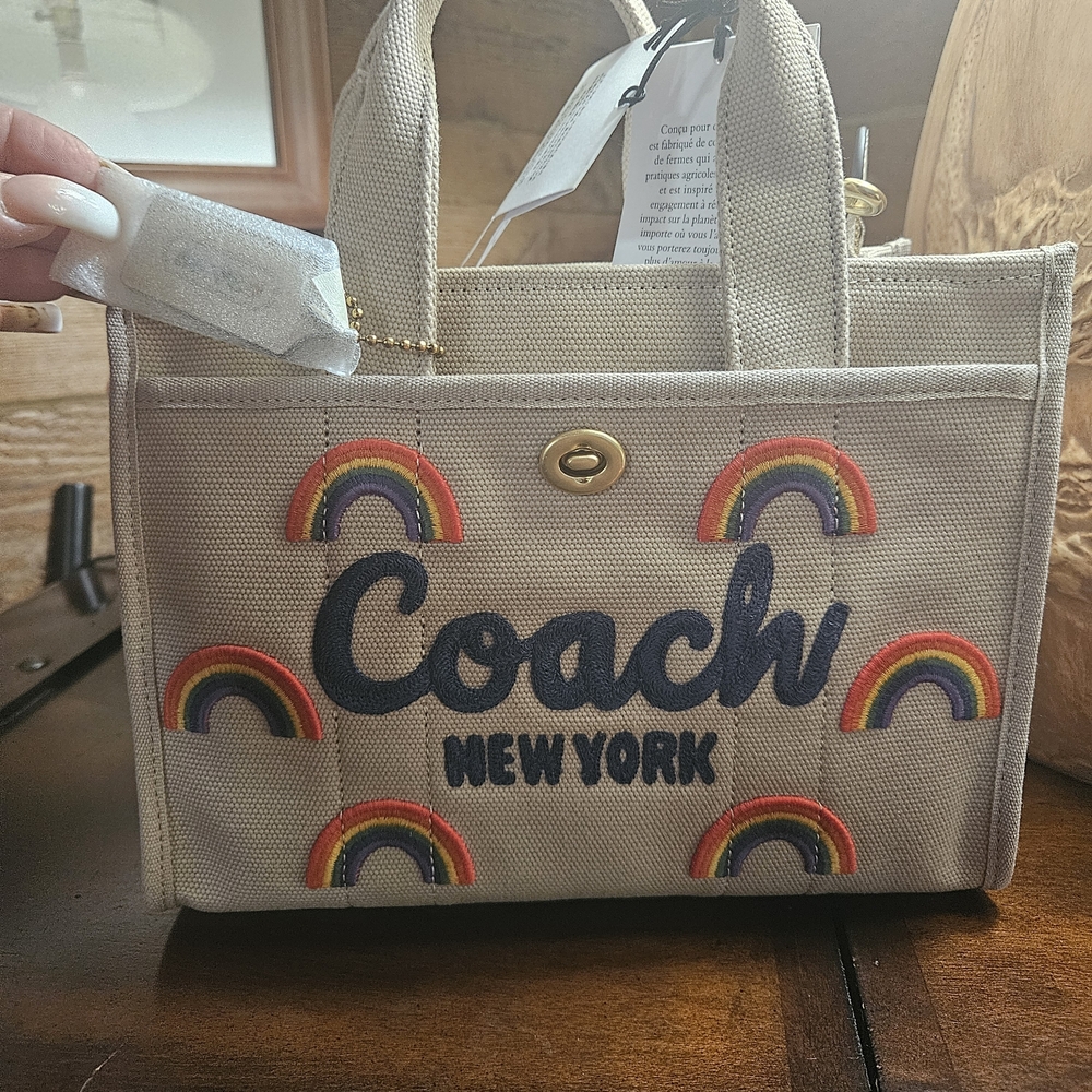 Coach Beige Canvas Tote Bag with Rainbow Accents With Straps - Picture 6 of 14